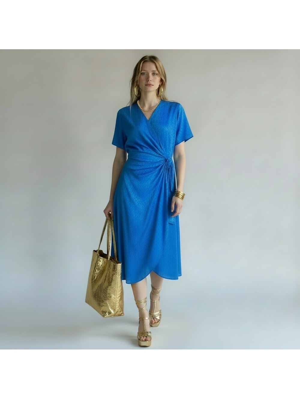 Rare Vintage 100% Silk Royal Blue Wrap Midi Dress Knotted Twist Waist Size 10